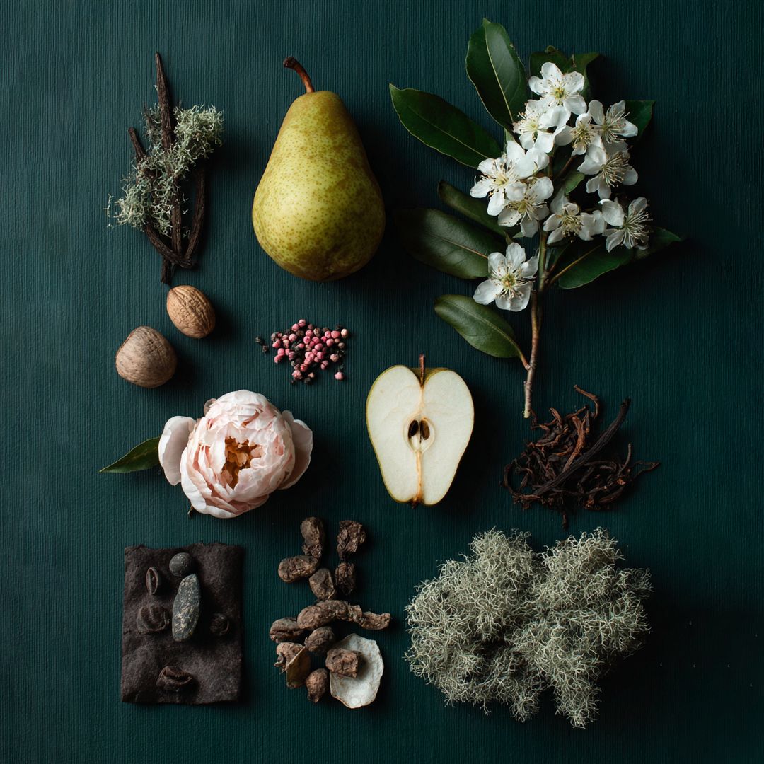 Caledonian Pear ingredients laid on green paper: a whole and halved pear, pear blossom, peony, nutmeg, pink pepper, vanilla, lichen, and resins.