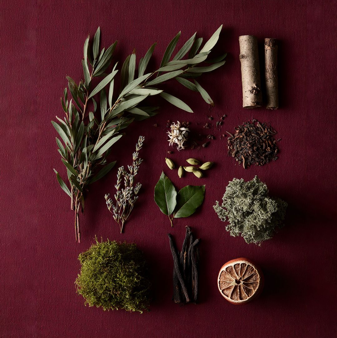 Eight Willow ingredients laid on alder red paper: willow branches, birch, moss, lavender, cardamom, tea, lichen, vanilla, and a dried citrus.