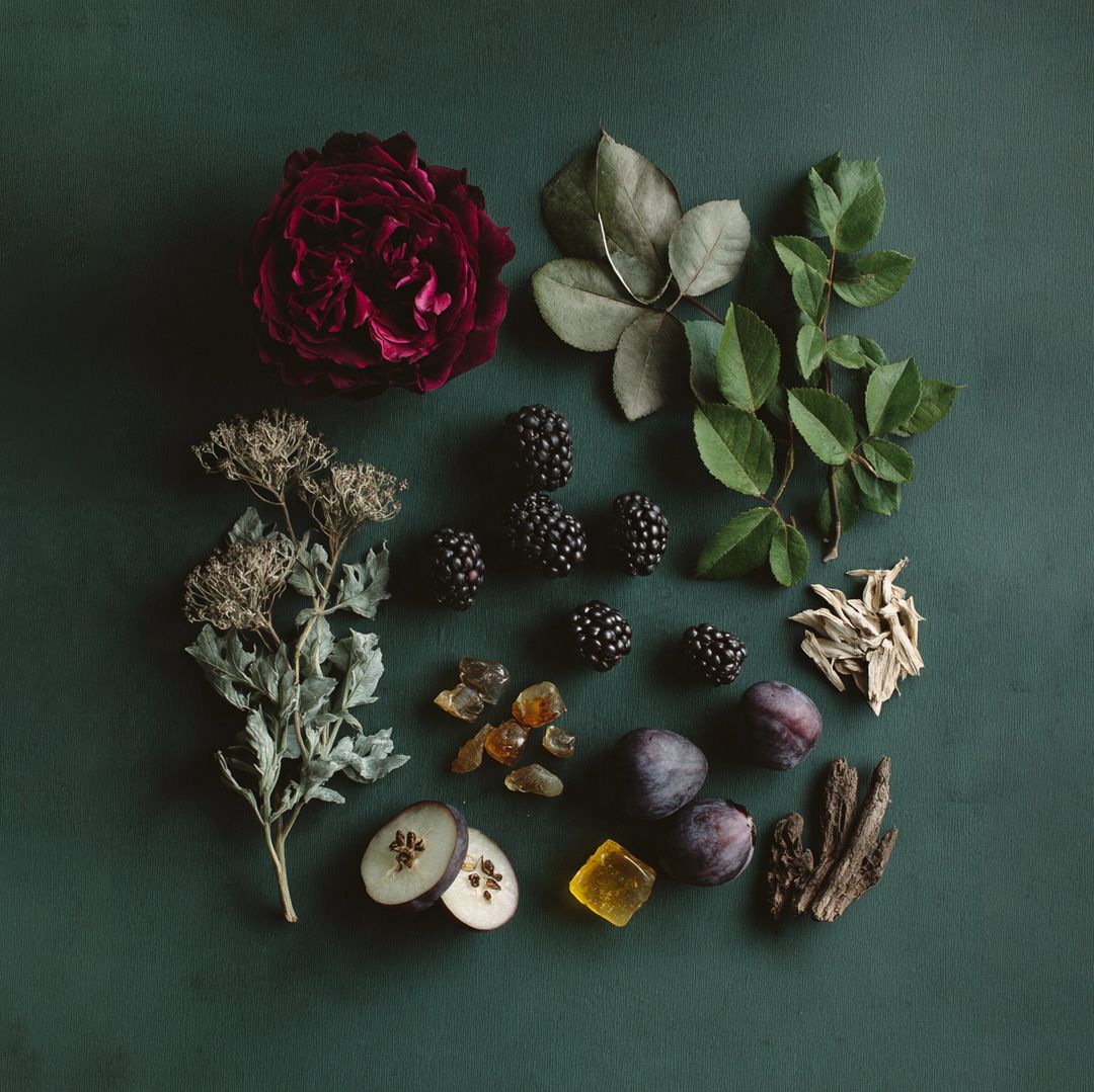 Rose Interval ingredients laid on green paper: a dark rose, rose leaves, blackberries, plums, dried herbs, resins, and woods.